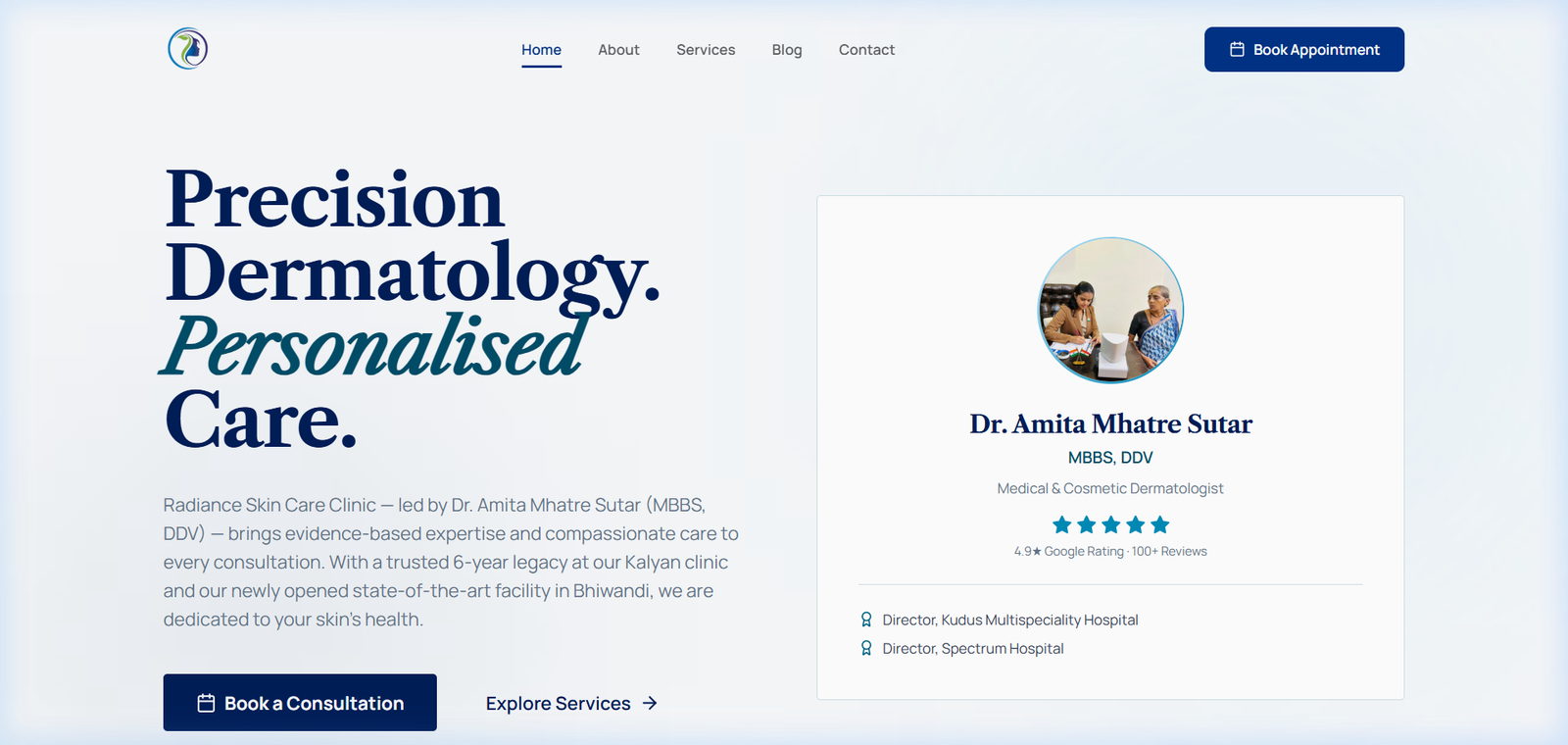 Radiance Skin Care Clinic website — dermatology practice homepage